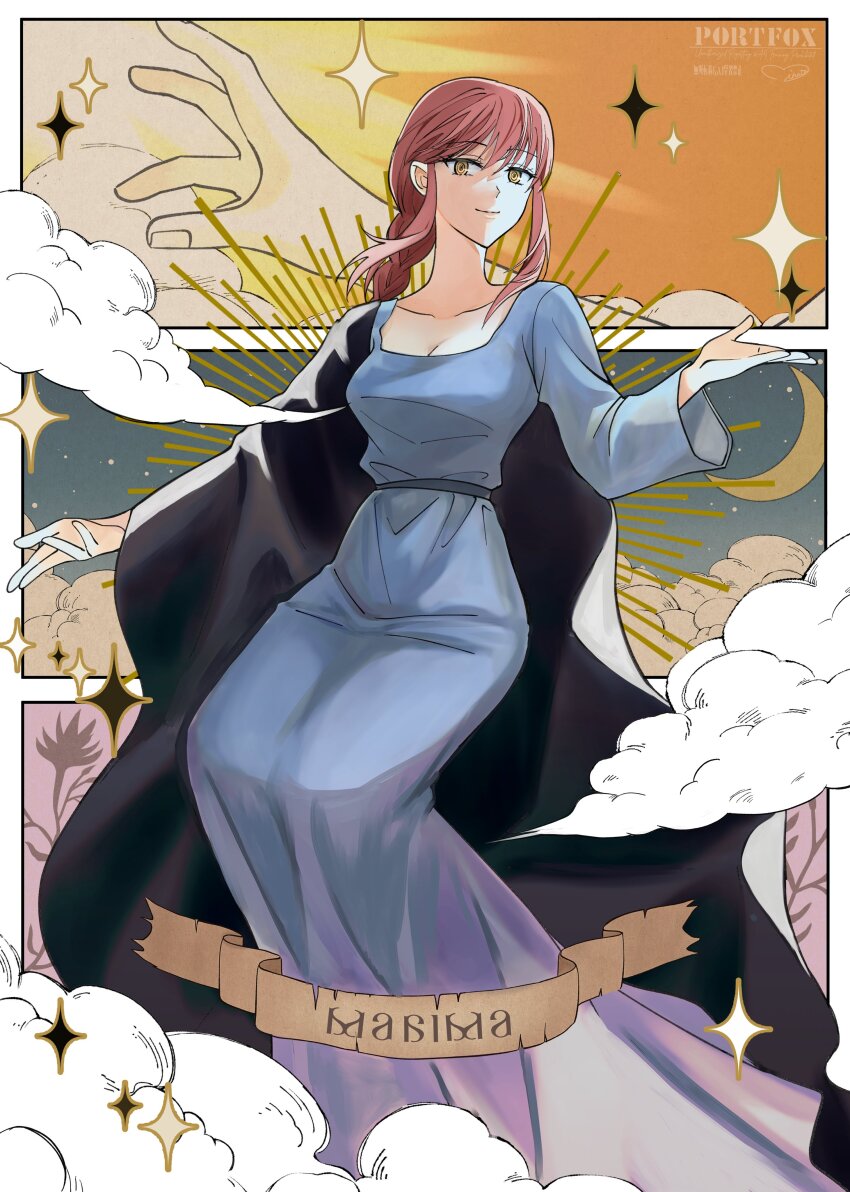 1girl, absurdres, blue_dress, braid, breasts, chainsaw_man, character_name, cleavage