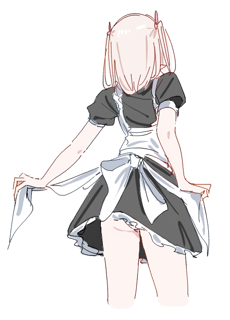 1girl, 818_seki, apron, black_dress, blonde_hair, clothes_lift, dress, frilled_skirt