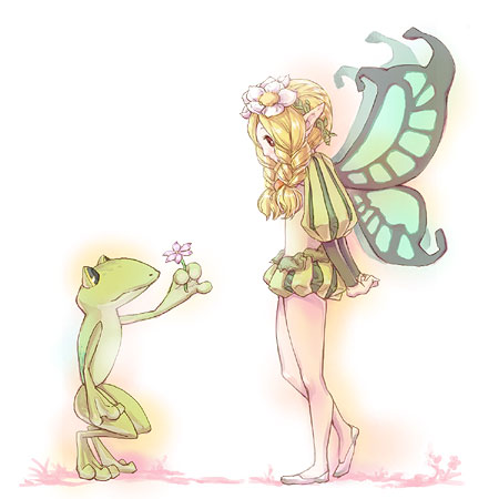 1girl, blonde_hair, braid, fairy, flower, frog, head_wreath, ingway_(odin_sphere)