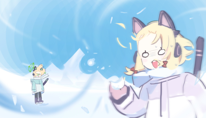 2girls, alternate_costume, animal_ear_headphones, animal_ears, blonde_hair, blue_archive, blue_jacket, blue_sky