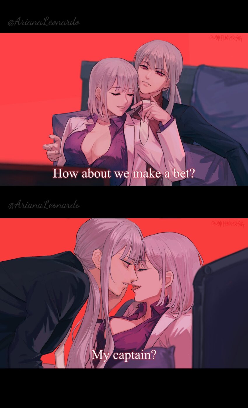 2girls, ak-12_(girls'_frontline), ak-12_(lucia)_(girls'_frontline), arianaleonardo, bandaged_neck, bandages, black_jacket, breasts