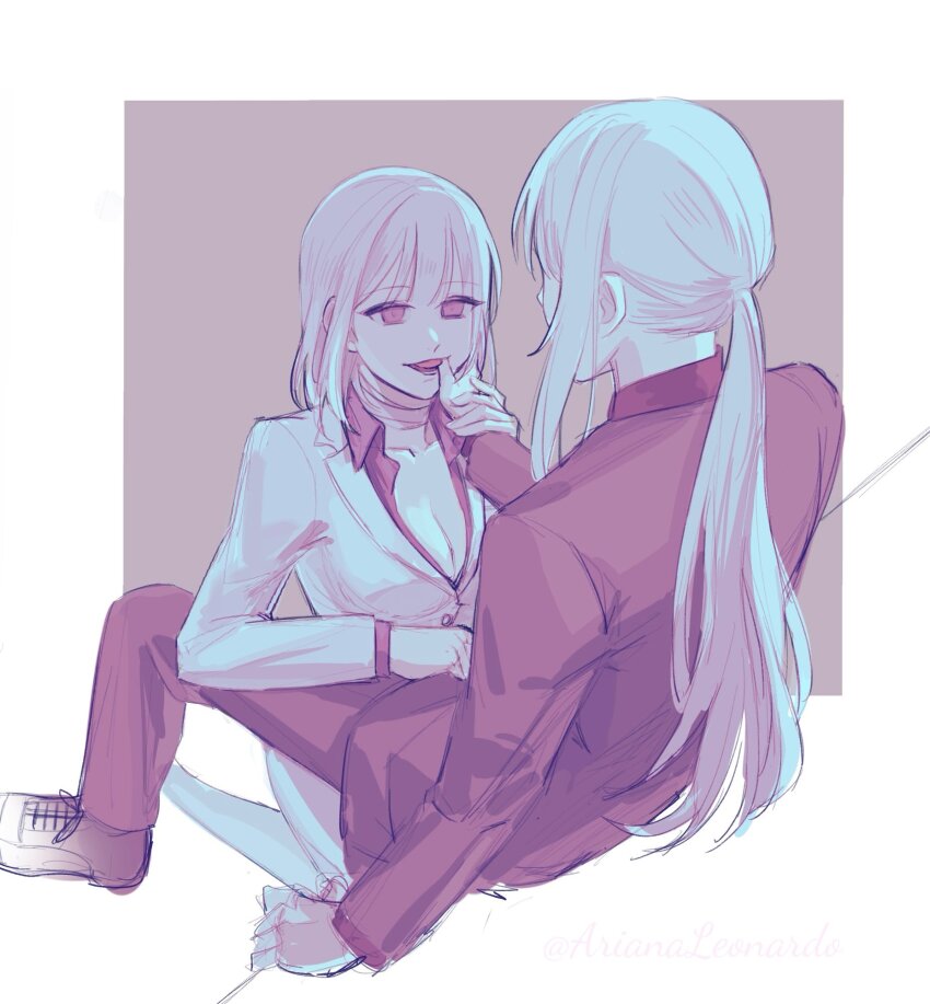 2girls, ak-12_(girls'_frontline), ak-12_(lucia)_(girls'_frontline), arianaleonardo, bandaged_neck, bandages, black_jacket, black_pants