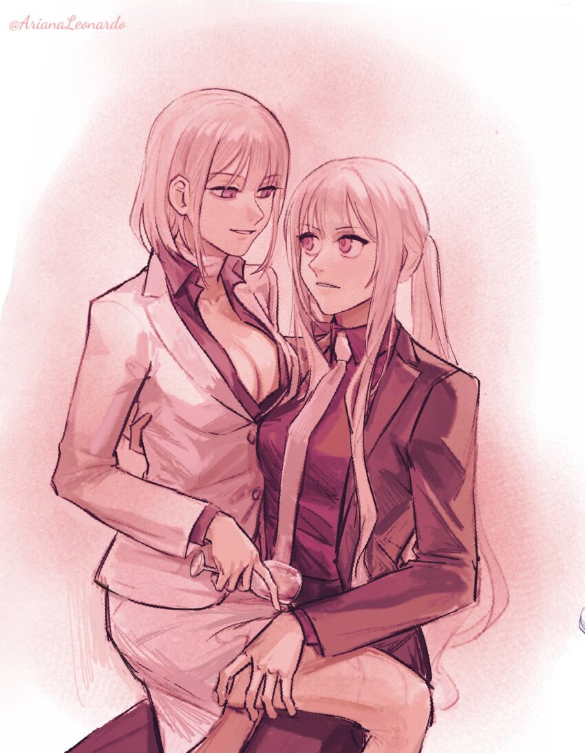 2girls, ak-12_(girls'_frontline), ak-12_(lucia)_(girls'_frontline), arianaleonardo, bandaged_neck, bandages, black_jacket, black_pants