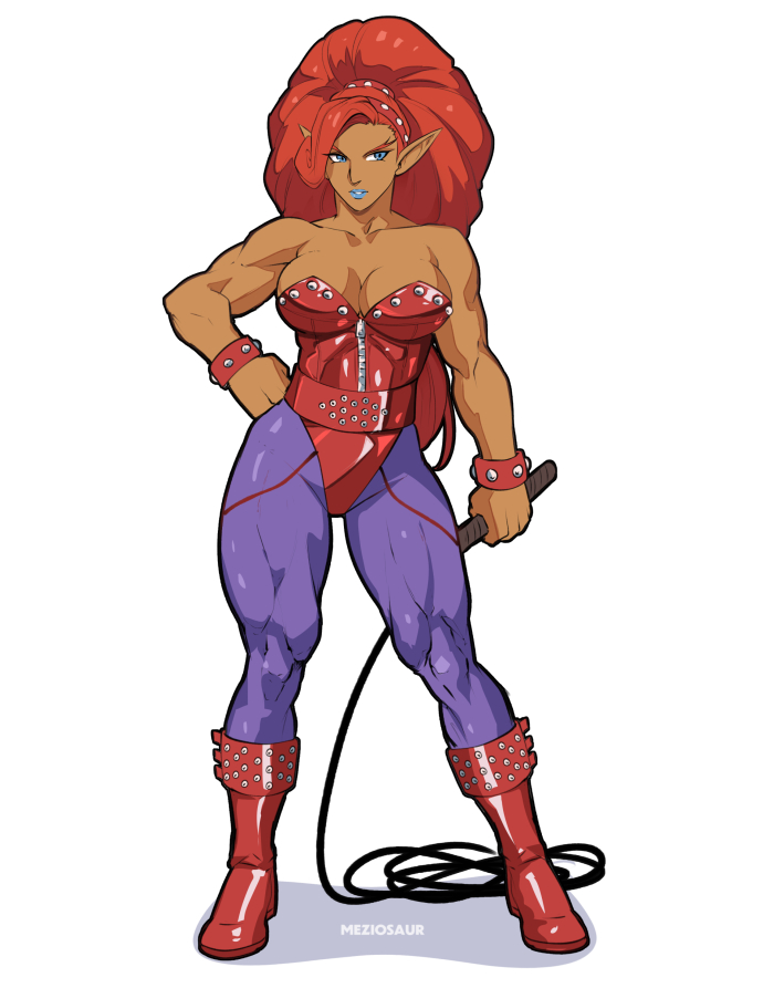 1girl, angela_belti, angela_belti_(cosplay), artist_name, blue_eyes, blue_lips, boots, bracelet, breasts, closed_mouth, collarbone, cosplay, dark-skinned_female, dark_skin, gerudo, gouketsuji_ichizoku, hair_elastic, hairband, high_ponytail, highleg, highleg_leotard, holding, holding_whip, jewelry, large_breasts, leotard, long_hair, looking_to_the_side, meziosaur, muscular, muscular_female, nintendo, pantyhose, pointy_ears, ponytail, purple_pantyhose, red_boots, red_hair, red_leotard, spiked_boots, spiked_bracelet, spiked_footwear, spiked_hairband, spiked_wristband, spikes, the_legend_of_zelda, the_legend_of_zelda:_breath_of_the_wild, urbosa, very_long_hair