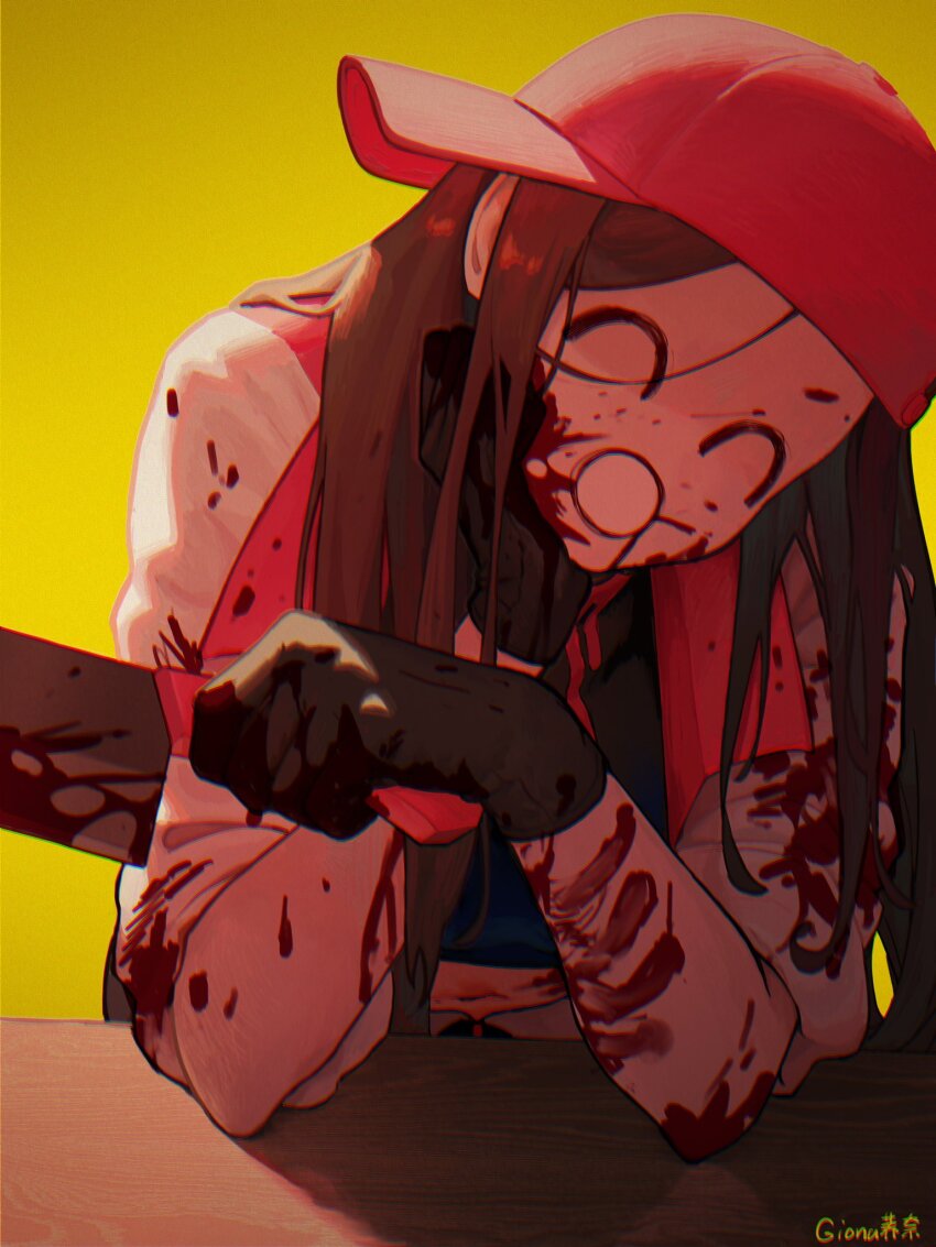 1girl, ^_^, ^q^, artist_name, backwards_hat, baseball_cap, black_eyes, black_gloves, black_hair, black_shirt, blood, blood_on_clothes, blood_on_face, bloody_weapon, butcher_vanity_(synthesizer_v), cleaver, closed_eyes, crop_top, drooling, gionaqiaonai, gloves, hand_on_own_cheek, hand_on_own_face, hat, highres, holding, holding_cleaver, jacket, long_hair, looking_at_viewer, mole, mole_above_eye, navel, navel_peek, open_mouth, red_hat, red_pupils, shirt, signature, simple_background, synthesizer_v, table, vignetting, weapon, white_jacket, yellow_background, yi_xi_(synthesizer_v)