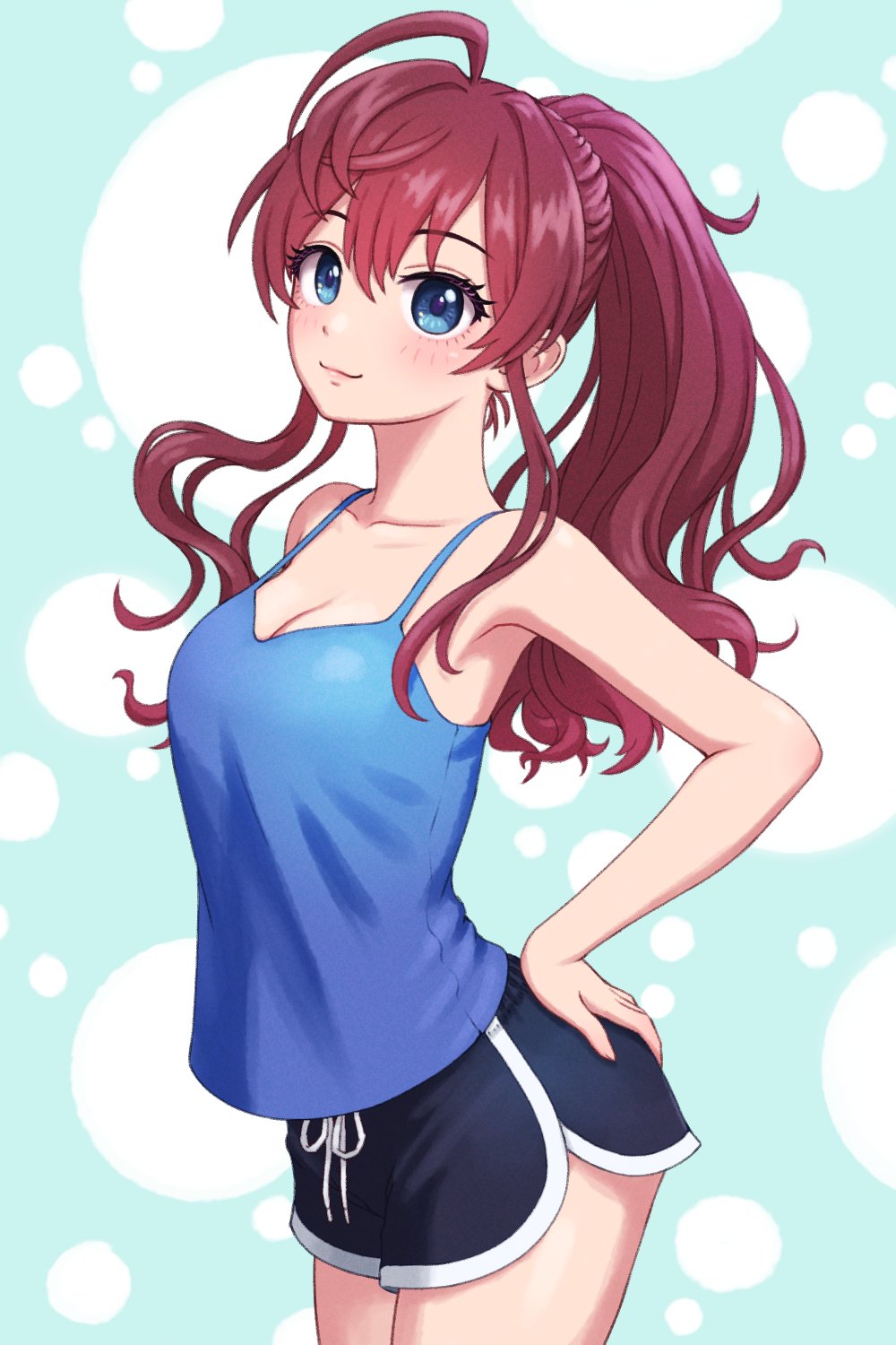 1girl, ahoge, bare_shoulders, blue_camisole, blue_eyes, blush, breasts, camisole, cleavage, dolphin_shorts, hama!_(3toshinhmkz), highres, ichinose_shiki, idolmaster, idolmaster_cinderella_girls, long_hair, looking_at_viewer, medium_breasts, ponytail, purple_hair, short_shorts, shorts, smile, solo