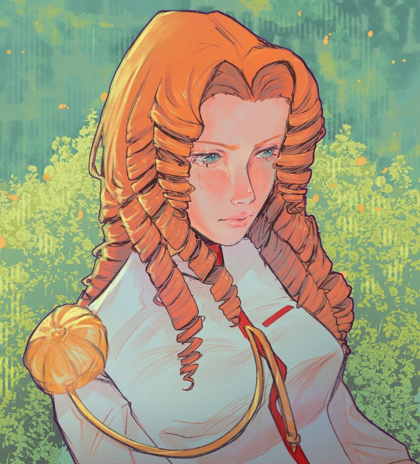 1girl, arisugawa_juri, curtained_hair, green_background, green_eyes, highres, lips, middle_part