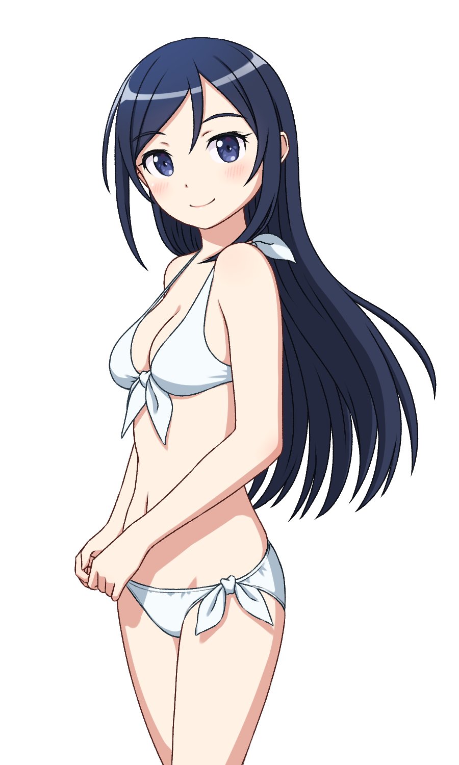 1girl, aragaki_ayase, bikini, blue_eyes, blue_hair, blush, breasts, hama!_(3toshinhmkz), highres, long_hair, looking_at_viewer, ore_no_imouto_ga_konna_ni_kawaii_wake_ga_nai, simple_background, small_breasts, smile, solo, swimsuit, white_background, white_bikini