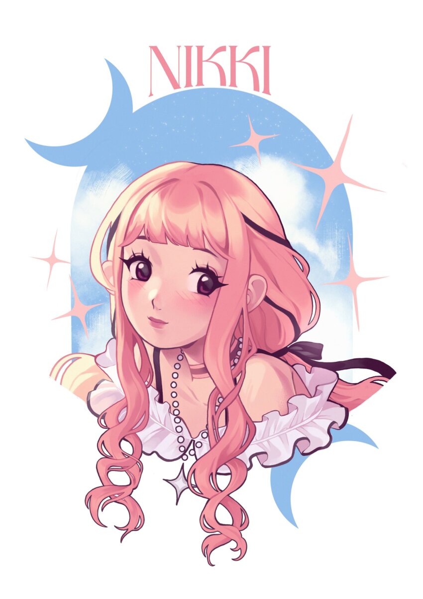 1girl, blue_background, character_name, choker, commentary, english_commentary, frills, highres