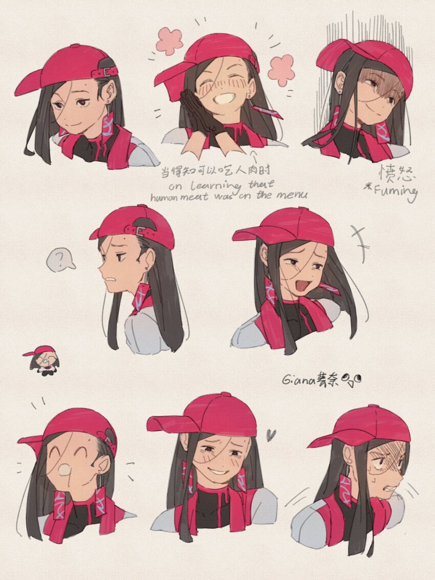 1girl, ?, ^_^, ^q^, artist_name, backwards_hat, baseball_cap, black_eyes