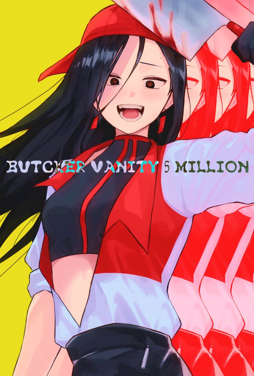 1girl, absurdres, baseball_cap, black_eyes, black_gloves, black_hair, black_pants, black_shirt, blood, bloody_weapon, butcher_vanity_(synthesizer_v), cleaver, crop_top, earrings, english_text, gloves, hat, highres, holding, holding_cleaver, ibup0bi, jacket, jewelry, long_hair, looking_at_viewer, midriff_peek, mole, mole_above_eye, open_mouth, pants, recurring_image, red_hat, red_pupils, shirt, simple_background, solo, song_name, synthesizer_v, teeth, weapon, white_jacket, yellow_background, yi_xi_(synthesizer_v)
