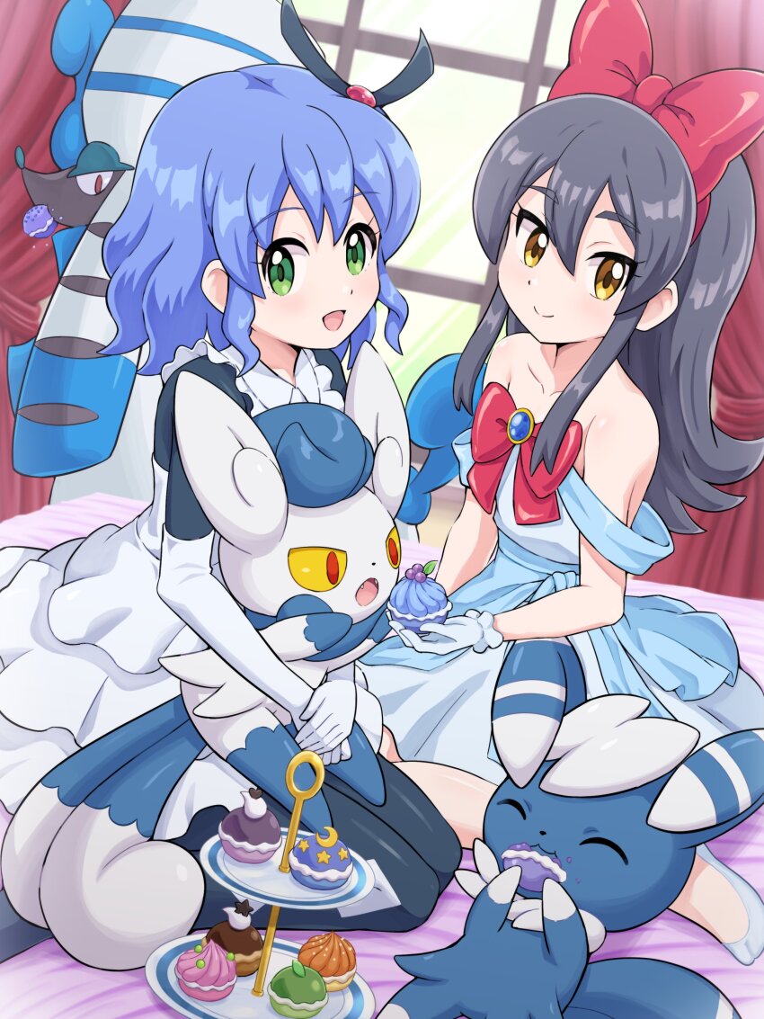 2girls, :d, absurdres, alouette_(pokemon), black_pantyhose, blanche_(pokemon_anime), blue_dress, blue_hair