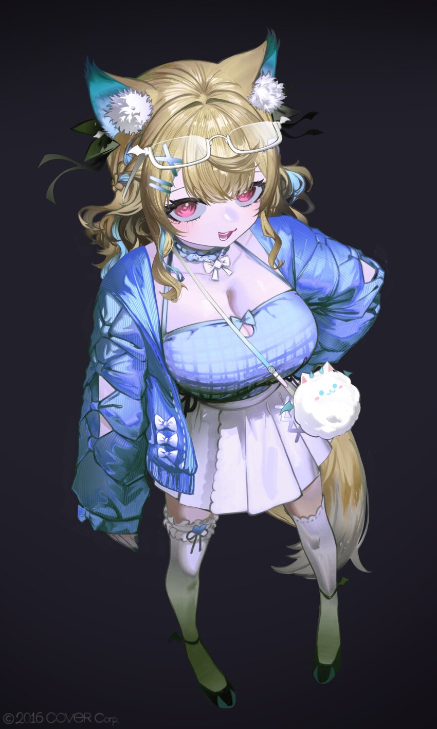 1girl, absurdres, animal_ears, black_background, blue_hair, blue_jacket, bow, breasts