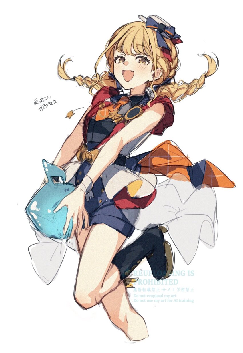 1girl, blonde_hair, braid, carrying, chestnut_sigure, fang, fujita_kotone, gakuen_idolmaster