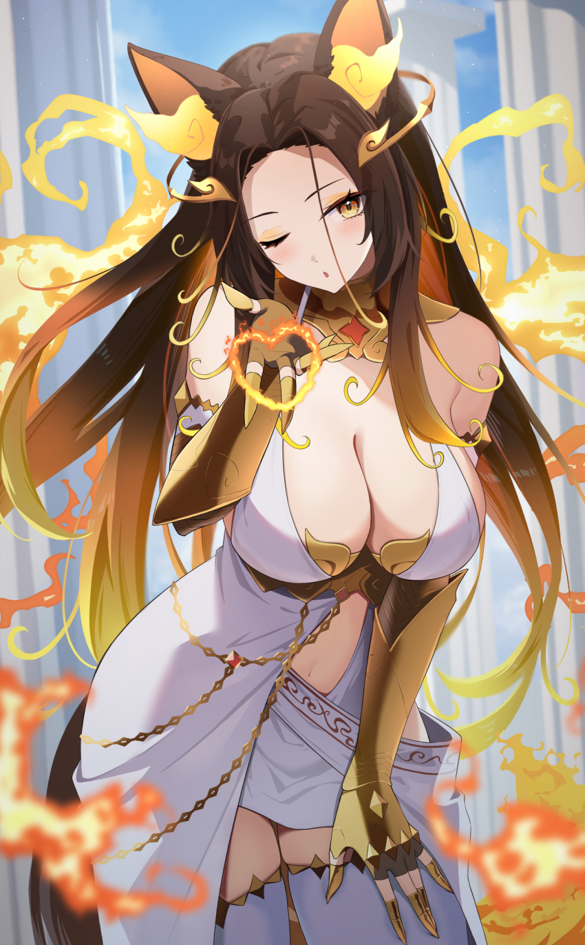 1girl, animal_ears, armor, bare_shoulders, blonde_hair, blowing_kiss, blurry, blurry_background