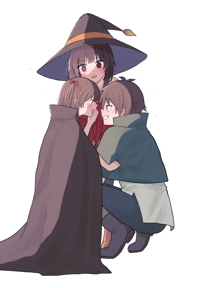 1boy, 2girls, :d, absurdres, aged_up, black_cape, black_footwear, black_hat