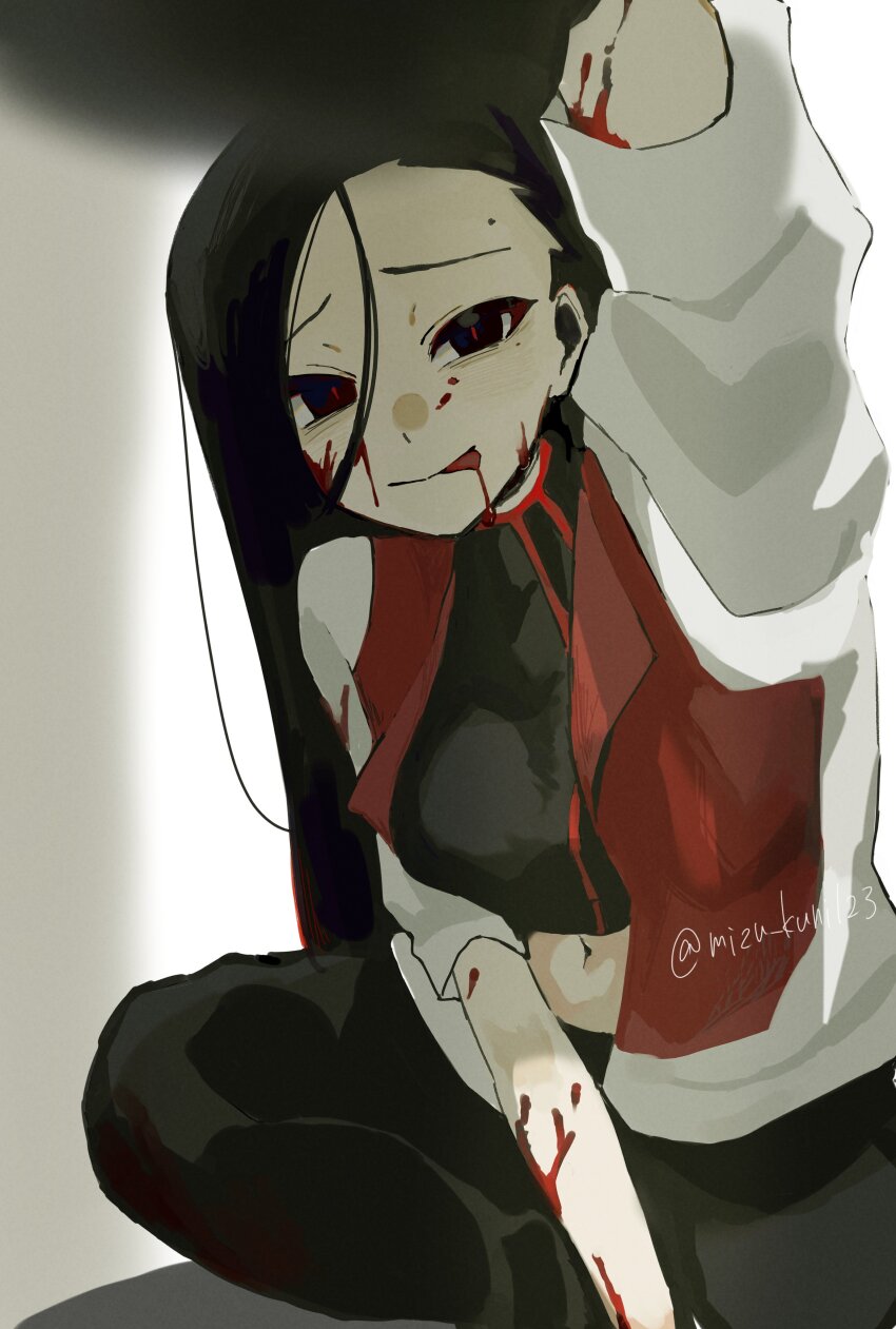 1girl, absurdres, black_eyes, black_hair, black_pants, black_shirt, blood, blood_drip