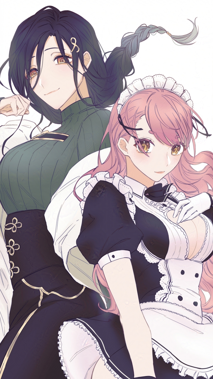 2girls, absurdres, aizono_manami, aizono_manami_(1st_costume), black_hair, blush, braid, breasts