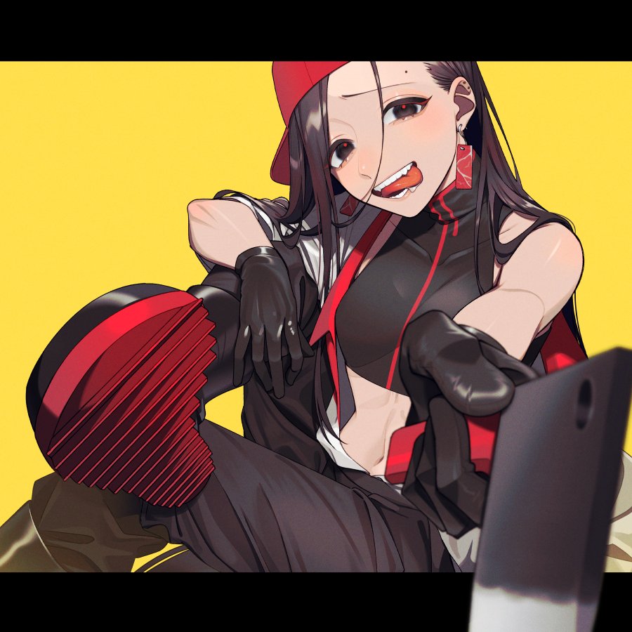 1girl, backwards_hat, baseball_cap, black_eyes, black_gloves, black_hair, black_pants, black_shirt