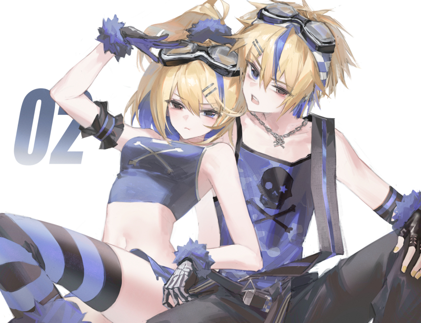 1boy, 1girl, blonde_hair, blue_eyes, chain, chain_necklace, crop_top, gloves