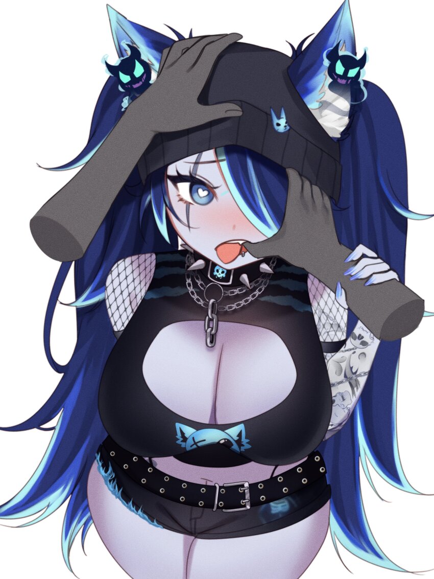 1girl, absurdres, animal_ear_fluff, animal_ears, belt, black_belt, black_hat, black_shirt