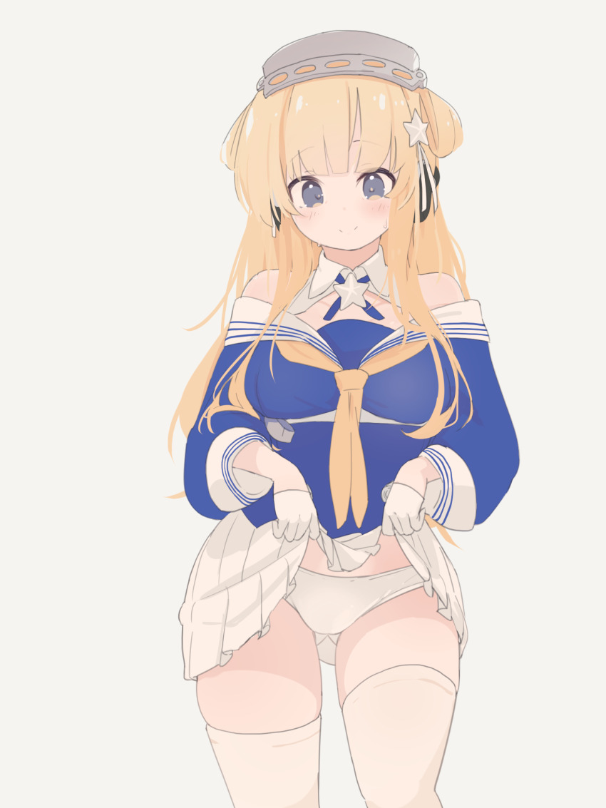 1girl, blonde_hair, blue_eyes, blue_shirt, breasts, cleavage, clothes_lift, cowboy_shot