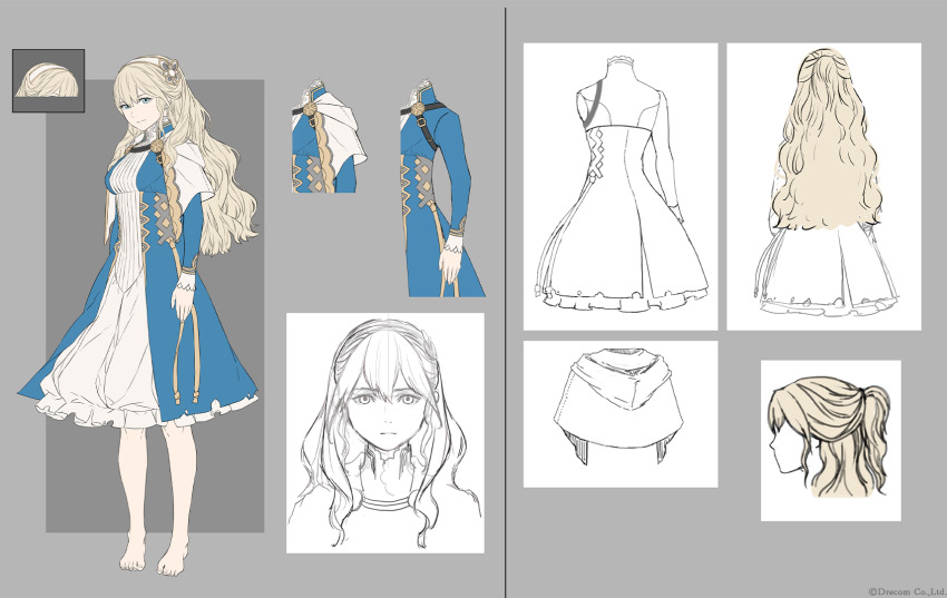 1girl, barefoot, blonde_hair, blue_dress, blue_eyes, breasts, capelet, concept_art, copyright_notice, dress, frilled_dress, frills, hairband, highres, long_hair, lulunarde_(wizardry), medium_breasts, multicolored_dress, ponytail, reference_sheet, short_ponytail, solo, white_dress, wizardry, wizardry_variants_daphne