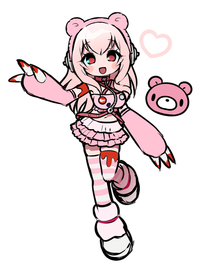 1girl, :d, animal_ears, bare_shoulders, bear_ears, blood, blood_on_clothes, breasts