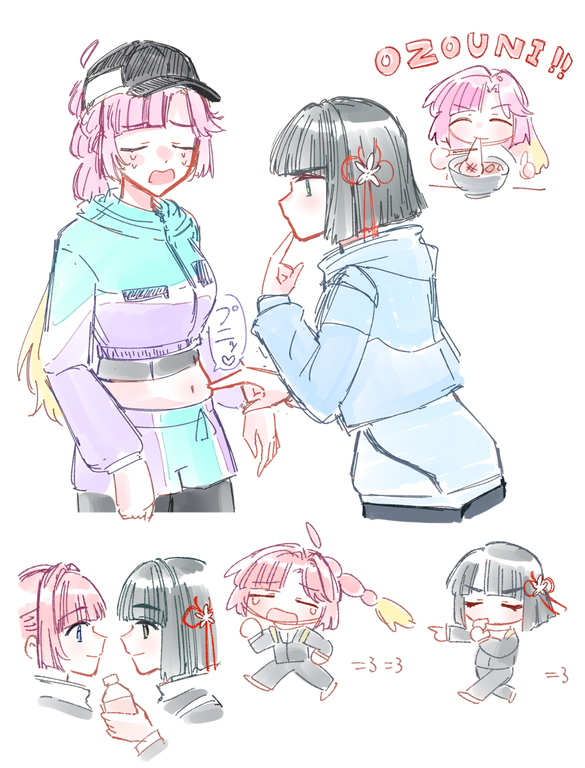 2girls, ^_^, absurdres, ahoge, anyoji_hime, anyoji_hime_(winter_training_wear), black_hair, black_hat, black_jacket, black_leggings, black_pants, black_shorts, black_track_suit, blonde_hair, blue_jacket, blue_shorts, blunt_bangs, blunt_ends, bob_cut, bottle, bowl, breasts, chibi, chopsticks, closed_eyes, cropped_jacket, crying, detached_ahoge, eating, exercising, eye_contact, face-to-face, flower, flower_knot, food, gradient_hair, hair_flower, hair_ornament, hasu_no_sora_gym_uniform, hat, heart, highres, holding, holding_bottle, holding_chopsticks, holding_whistle, holding_with_chopsticks, hood, hooded_jacket, jacket, leggings, link!_like!_love_live!, long_hair, long_sleeves, looking_at_another, love_live!, medium_breasts, midriff, mochi, mochi_trail, momose_ginko, momose_ginko_(winter_training_wear), muffin_top, multi-tied_hair, multicolored_hair, multicolored_jacket, multiple_girls, navel, official_alternate_costume, pants, pink_hair, poking_belly, profile, puff_of_air, purple_jacket, romaji_text, running, short_hair, shorts, sidelocks, smile, speech_bubble, track_jacket, track_suit, translation_request, two-tone_jacket, two-tone_shorts, u_u, v-shaped_eyebrows, very_long_hair, virtual_youtuber, whistle, white_flower, zangemiya, zouni_soup