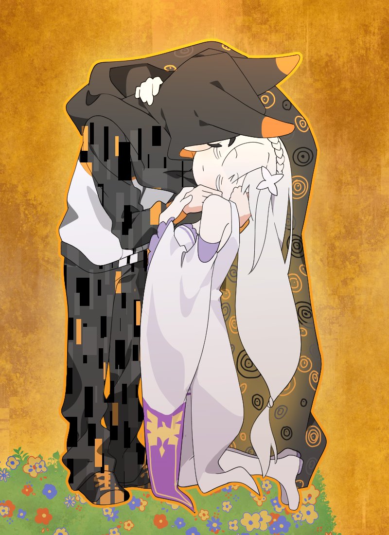 1boy, 1girl, animal_ear_hood, arm_around_neck, black_cloak, black_pants, black_sleeves, boots