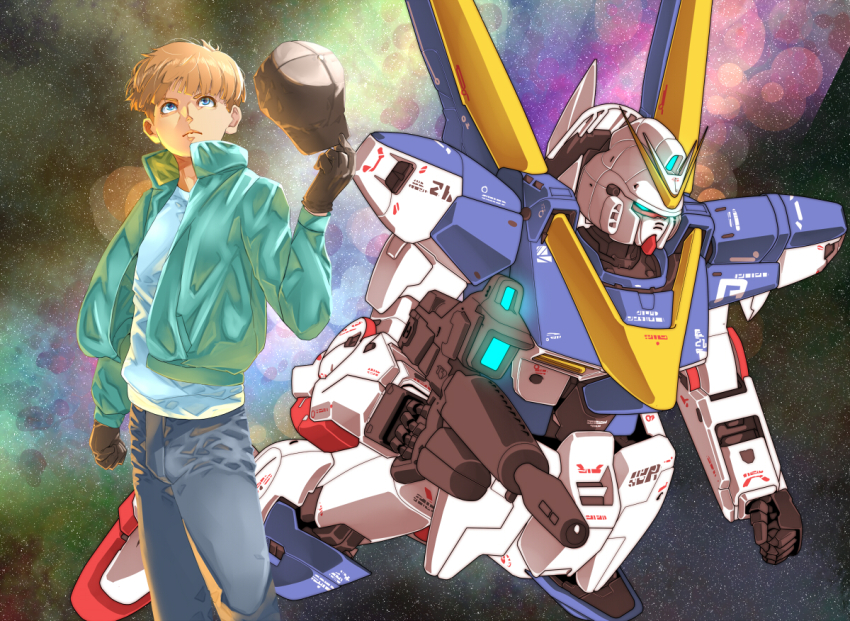 1boy, baseball_cap, beam_rifle, blue_eyes, brown_hair, commentary_request, earth_federation, energy