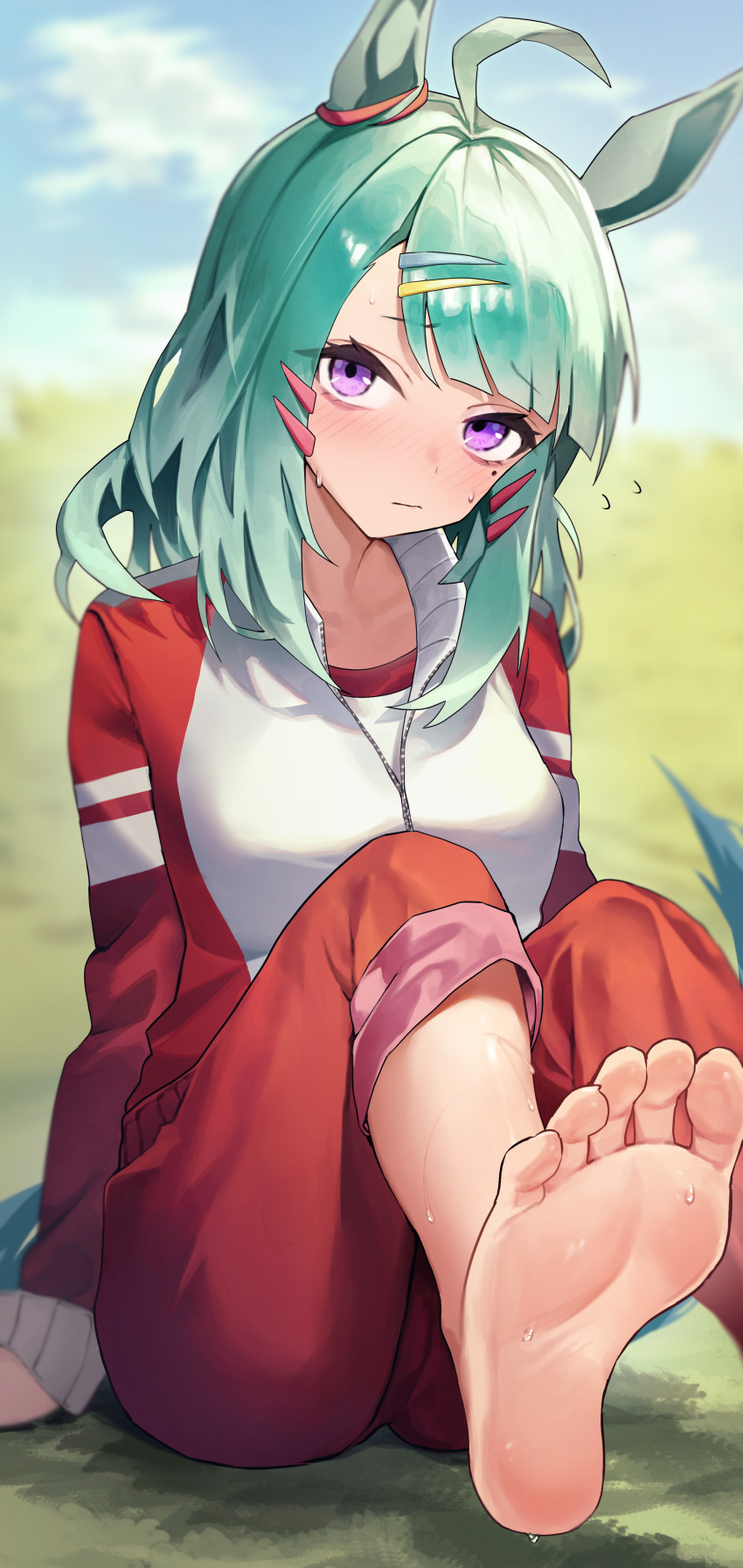 1girl, absurdres, ahoge, animal_ears, aqua_eyes, aqua_tail, blue_sky, blunt_bangs