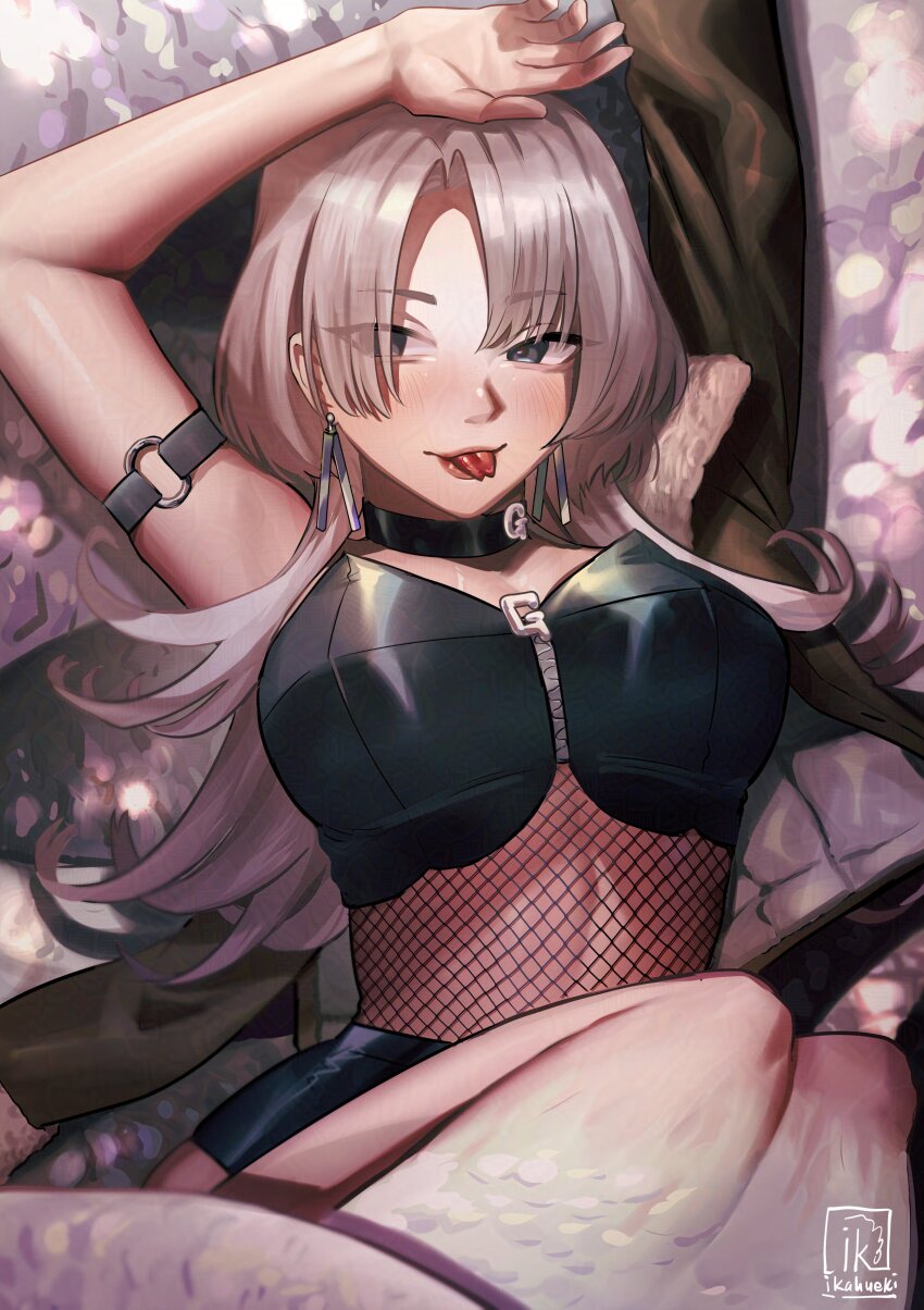 1girl, absurdres, black_choker, bra, breast_zipper, breasts, choker, choujin_x, earrings, forked_tongue, grey_eyes, grey_hair, highres, ikahueki, jewelry, large_breasts, leather_bra, long_hair, midriff, signature, snake_girl, strap, tongue, tsumuji_nari_(choujin_x), underwear, zipper