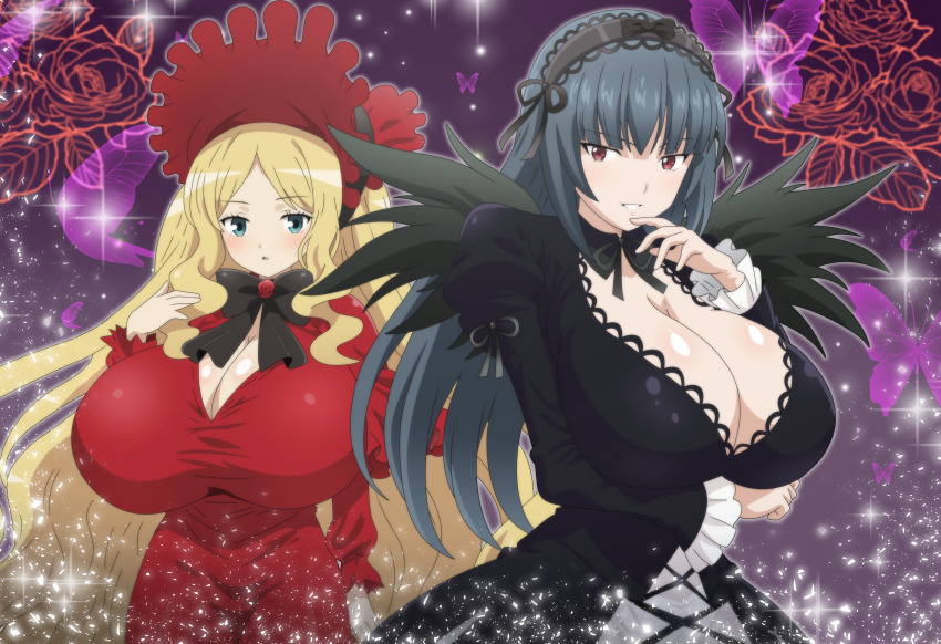absurdres, alternate_costume, breasts, caitlin_(pokemon), cleavage, cosplay, highres, hitokiwa_kenchin, huge_breasts, multiple_girls, nintendo, pokemon, pokemon_black_and_white, pokemon_firered_and_leafgreen, pokemon_masters_ex, rozen_maiden, sabrina_(pokemon), shinku_(cosplay), suigintou_(cosplay)