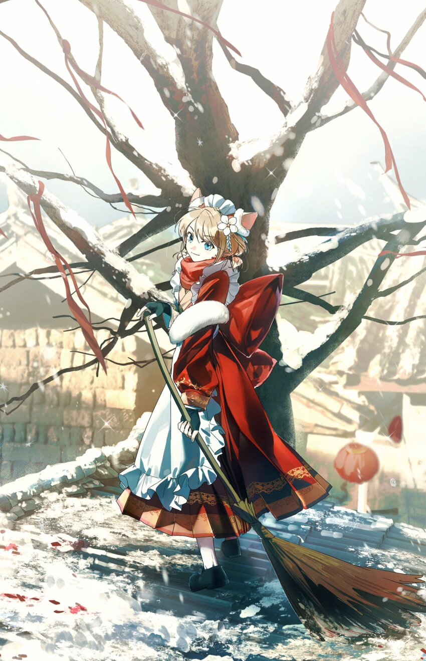 1girl, almond_(almond_platter)_(arknights), almond_(arknights), animal_ears, apron, arknights, bare_tree, black_gloves