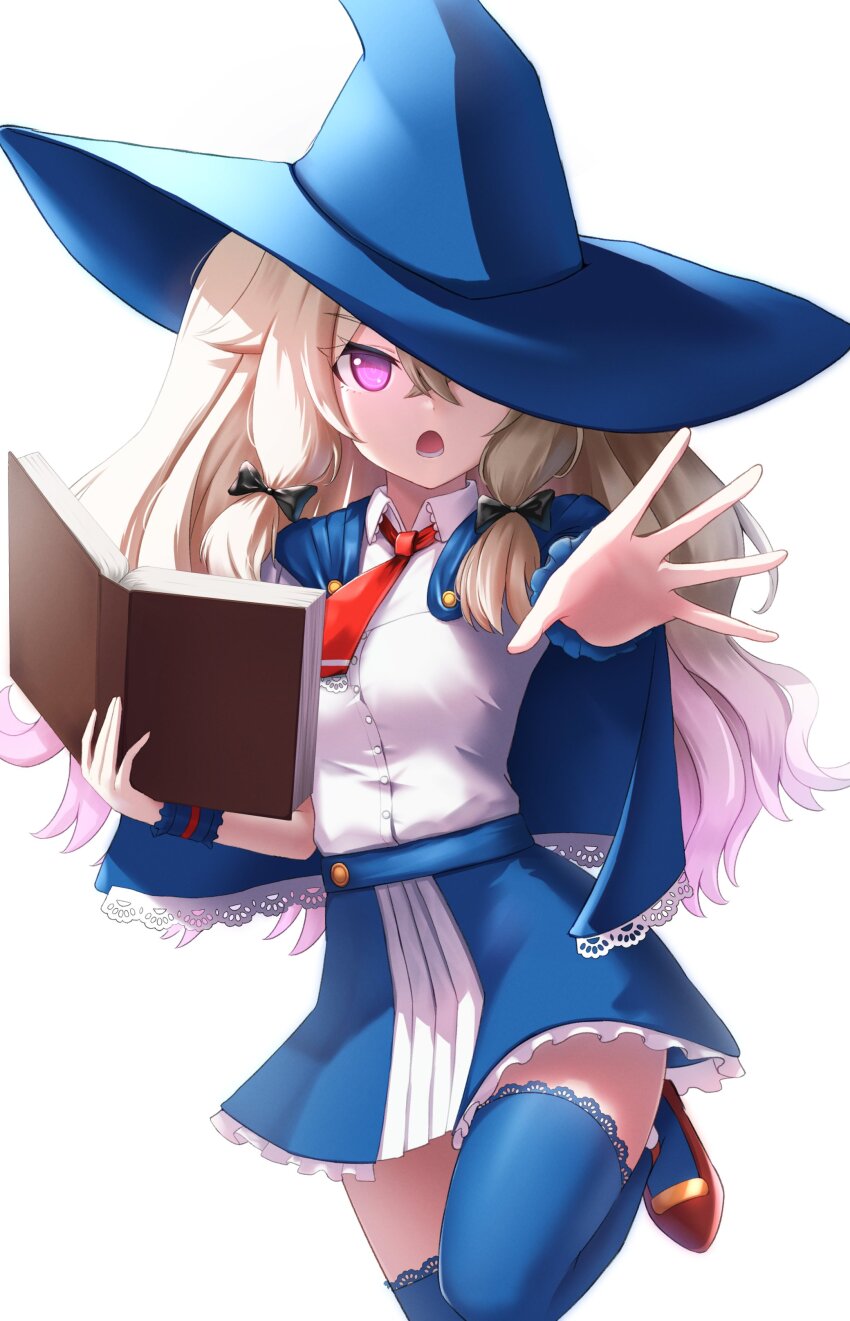 1girl, absurdres, ascot, black_bow, blonde_hair, blue_capelet, blue_hat, blue_thighhighs