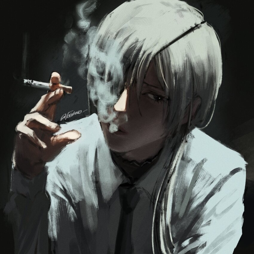 1girl, black_eyes, black_necktie, chainsaw_man, cigarette, collared_shirt, dress_shirt, eyepatch