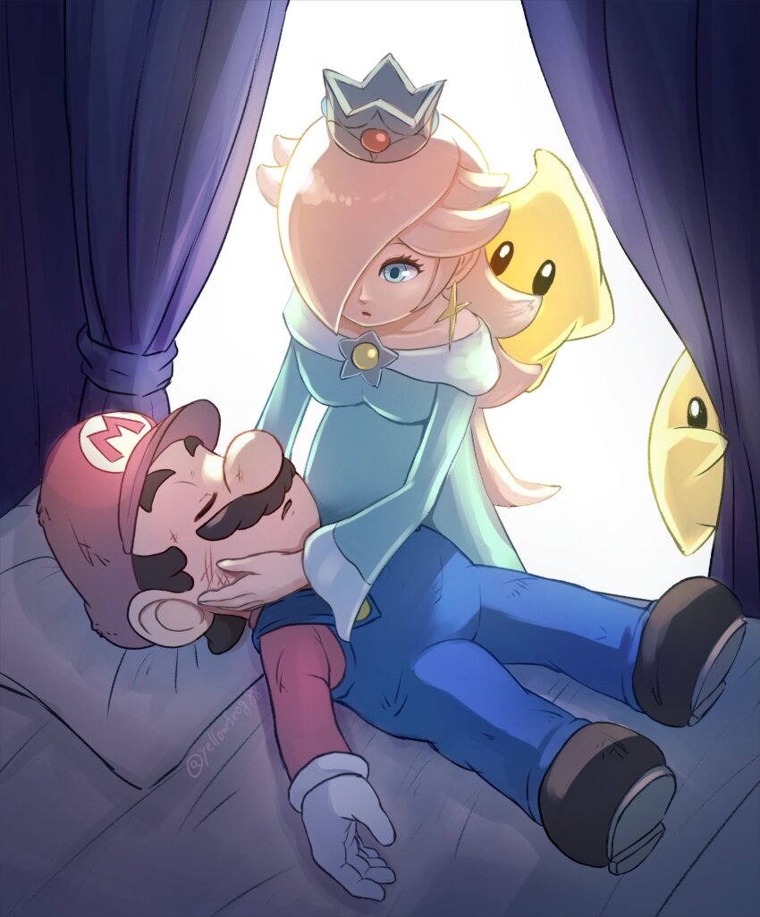 1boy, 1girl, artist_name, bed, blonde_hair, blue_dress, blue_eyes, breasts