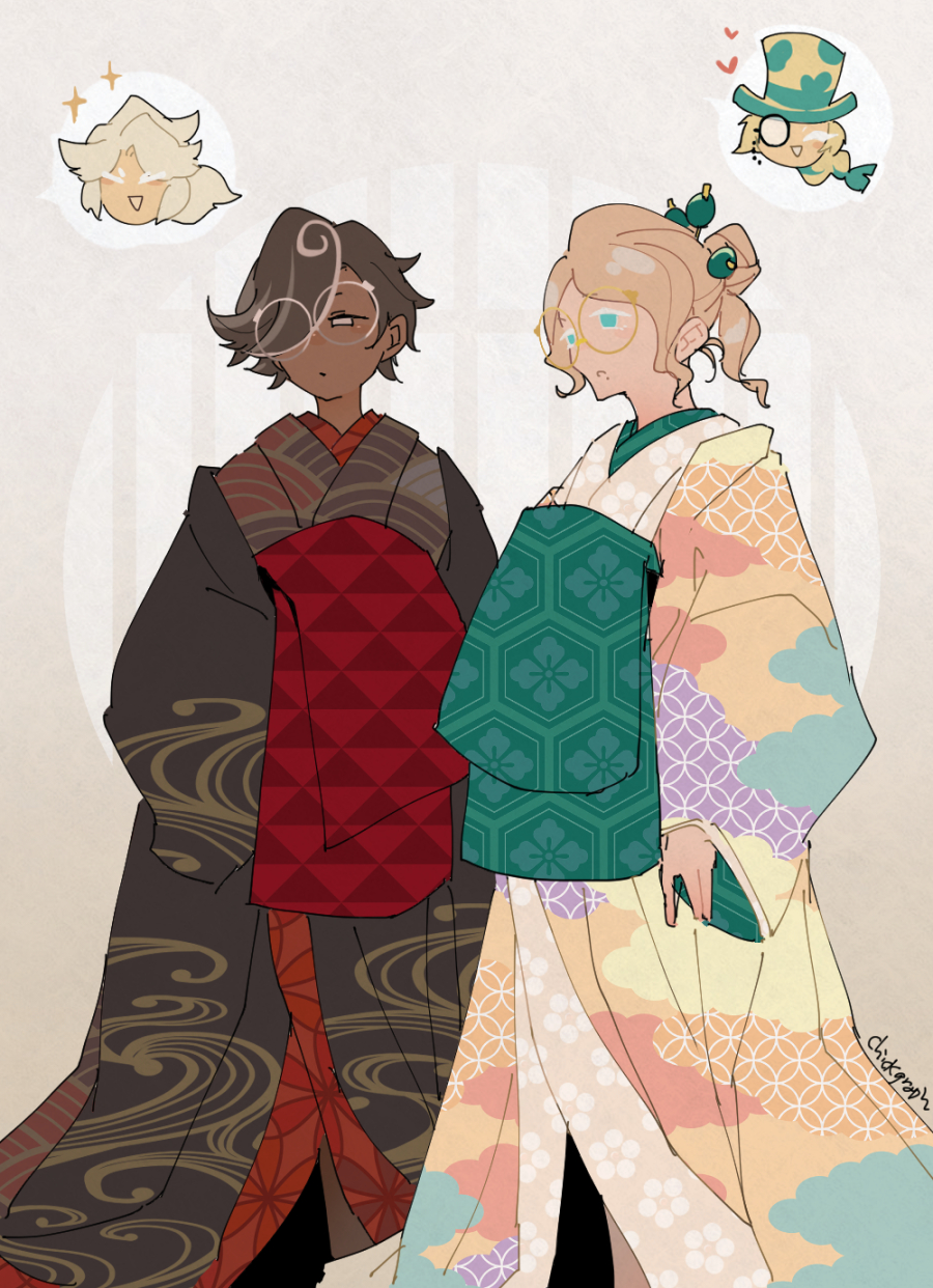 1other, 3boys, alternate_costume, aqua_eyes, artist_name, brown_hair, brown_kimono, chickgraph, colored_eyelashes, cookie_run, cookie_run:_kingdom, cookie_run:_ovenbreak, dark-skinned_male, dark_skin, earl_grey_cookie, espresso_cookie, feet_out_of_frame, glasses, hair_ornament, hair_over_one_eye, hairpin, highres, humanization, japanese_clothes, kikkoumon, kimono, long_sleeves, madeleine_cookie, male_focus, manaita_obi, mole, mole_under_mouth, multicolored_hair, multiple_boys, multiple_hairpins, pink_eyes, ponytail, roguefort_cookie, round_eyewear, seigaiha, short_hair, signature, speech-bubble, spoken_character, standing, streaked_hair, uroko_(pattern), wide_sleeves