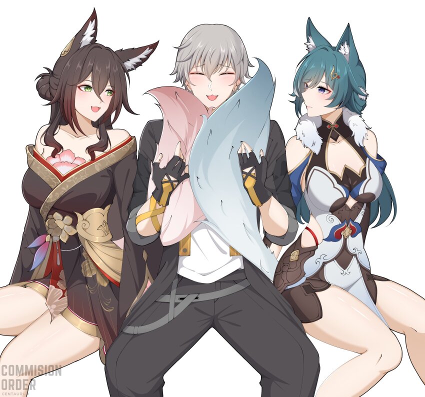 1boy, 2girls, ^_^, animal_ear_fluff, animal_ears, artist_name, blush, brown_hair