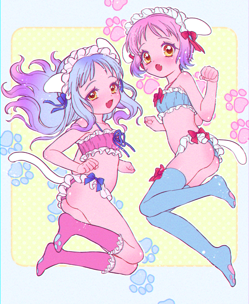 2girls, absurdres, animal_ears, ass, bra, clenched_hands, colored_skin, fang, highres, huge_filesize, loli, looking_at_viewer, multiple_girls, open_mouth, original, paw_print, pink_hair, pink_skin, raicha_(rdml_chashi), siblings, sisters, socks, thighhighs, underwear