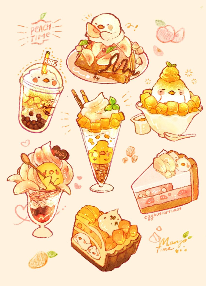 animal-themed_food, bird, bubble_tea, commentary, cookie, crepe, cup, disposable_cup, drinking_straw, english_commentary, english_text, food, food_focus, fruit, heart, heart-shaped_cookie, heart-shaped_food, highres, holding, holding_spoon, ice_cream, icing, mango, mango_slice, nao_(bestrollever), no_humans, orange_background, original, peach, peach_slice, pie, pie_slice, plate, shaved_ice, signature, spoon, sundae