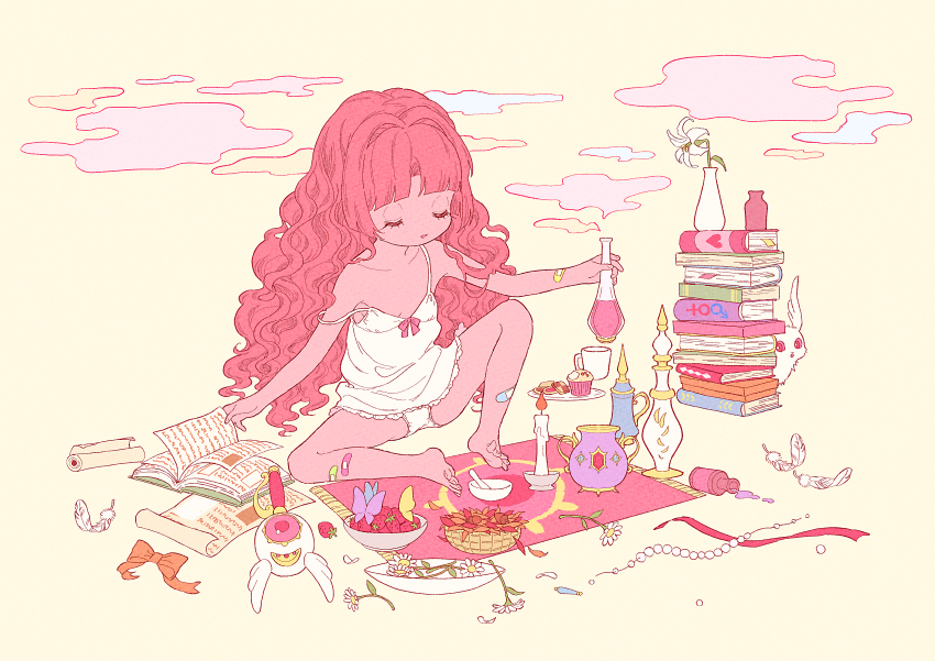 1girl, absurdres, book, book_stack, bug, butterfly, candle, closed_eyes