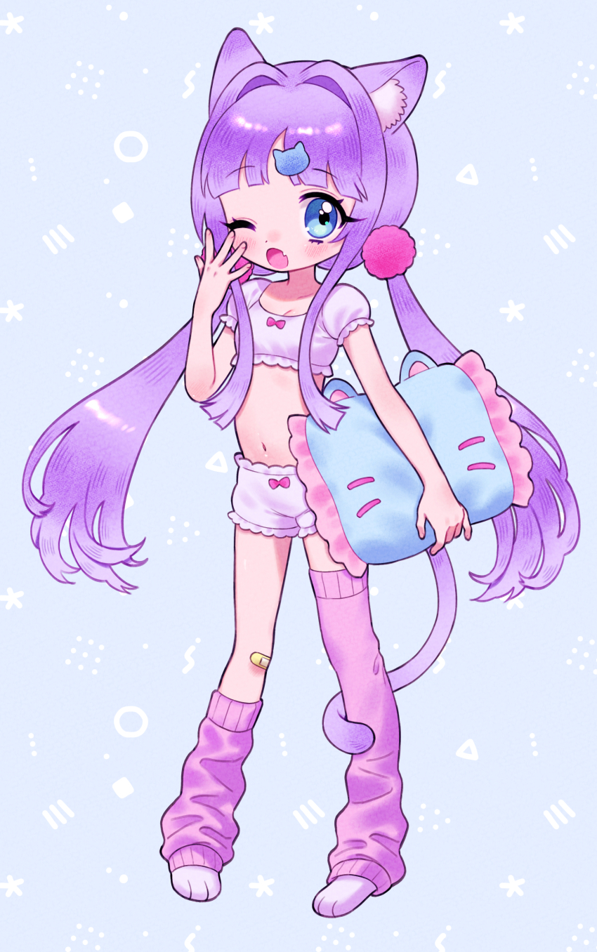 1girl, absurdres, animal_ear_fluff, animal_ears, bandaid, bandaid_on_leg, blue_eyes, fang