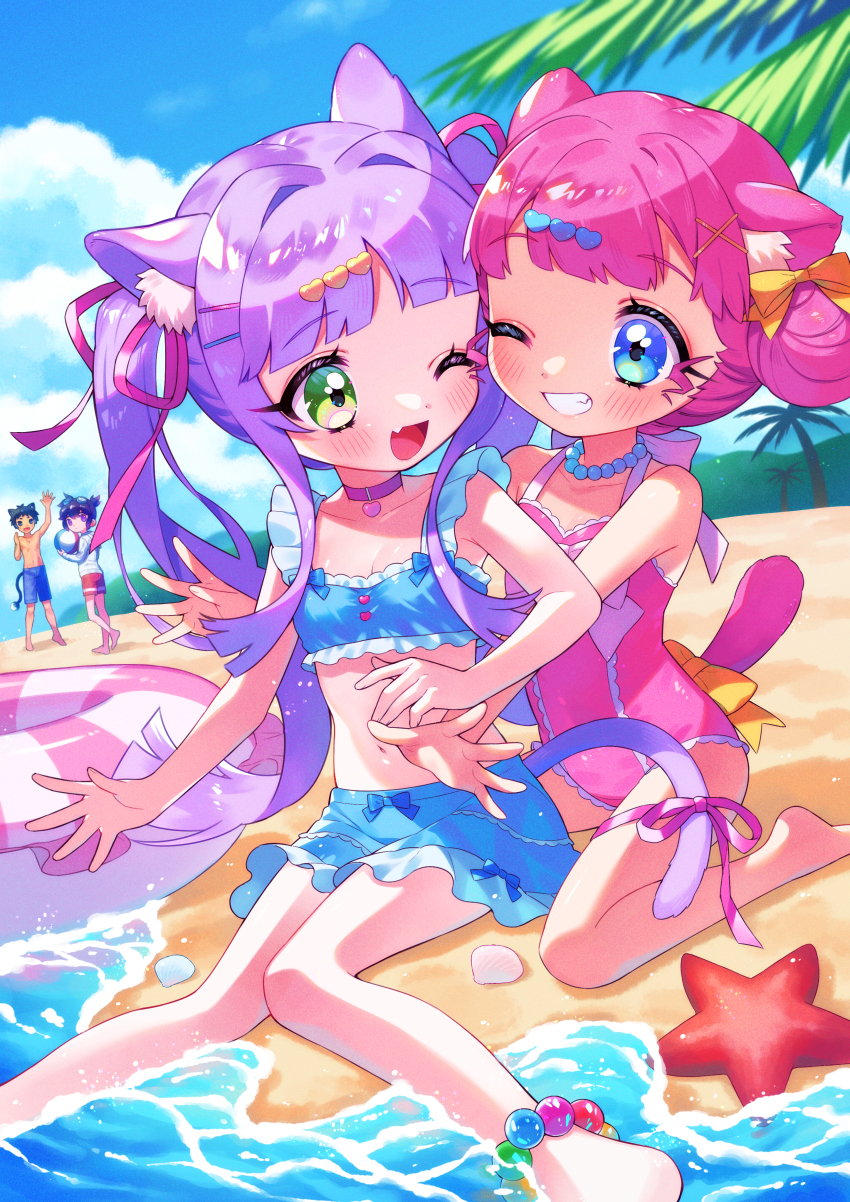 2boys, 2girls, absurdres, animal_ears, beach, cat_ears, day, highres
