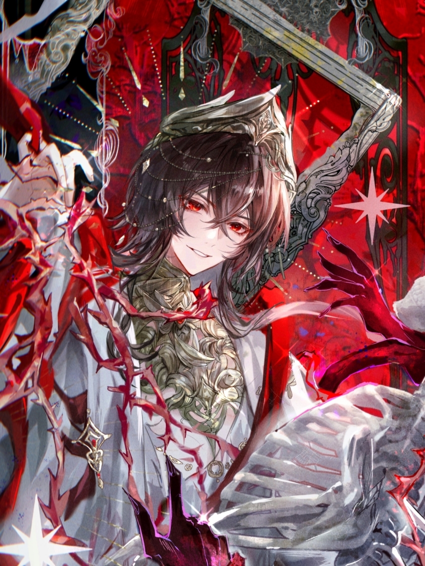 1boy, abstract_background, ayn_alwyn, ayn_alwyn_(god_forsaken_land), black_background, black_hair, chinese_commentary, commentary