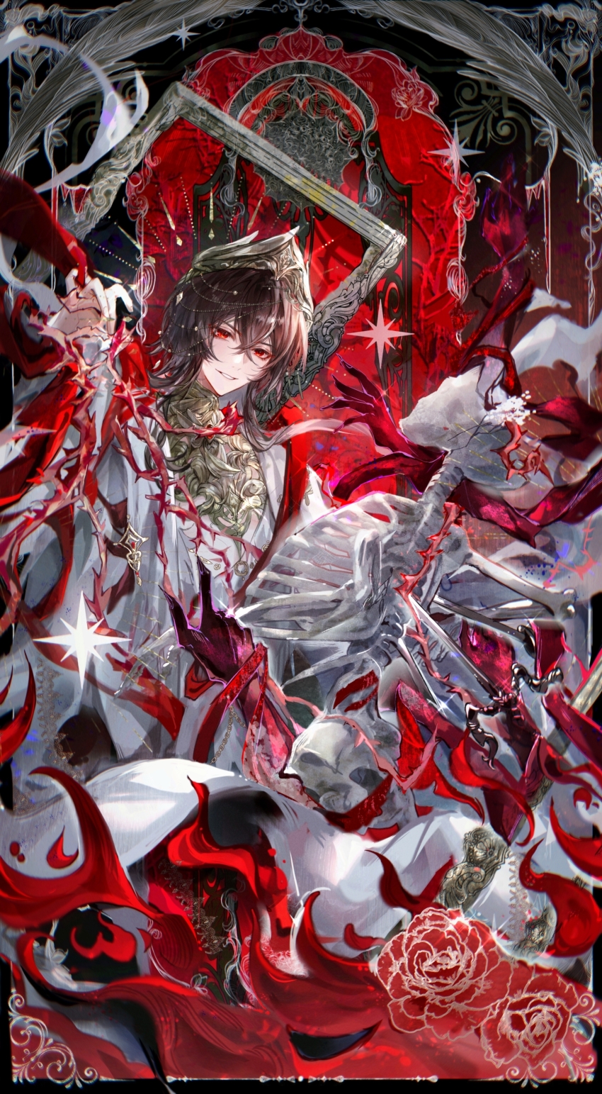 1boy, abstract_background, absurdres, ayn_alwyn, ayn_alwyn_(god_forsaken_land), black_background, black_border, black_hair, border, chinese_commentary, commentary, crossed_bangs, crown, disembodied_hand, empty_picture_frame, english_commentary, feet_out_of_frame, fire, flower, gem, gold_collar, hair_between_eyes, hand_up, head_chain, highres, jewelry, long_hair, long_sleeves, looking_at_viewer, lovebrush_chronicles, luludeer386, male_focus, mixed-language_commentary, outside_border, parted_lips, picture_frame, plunging_neckline, reaching, red_eyes, red_flower, red_gem, red_ribbon, red_rose, ribbon, robe, rose, skeleton, smile, solo, thorns, white_robe
