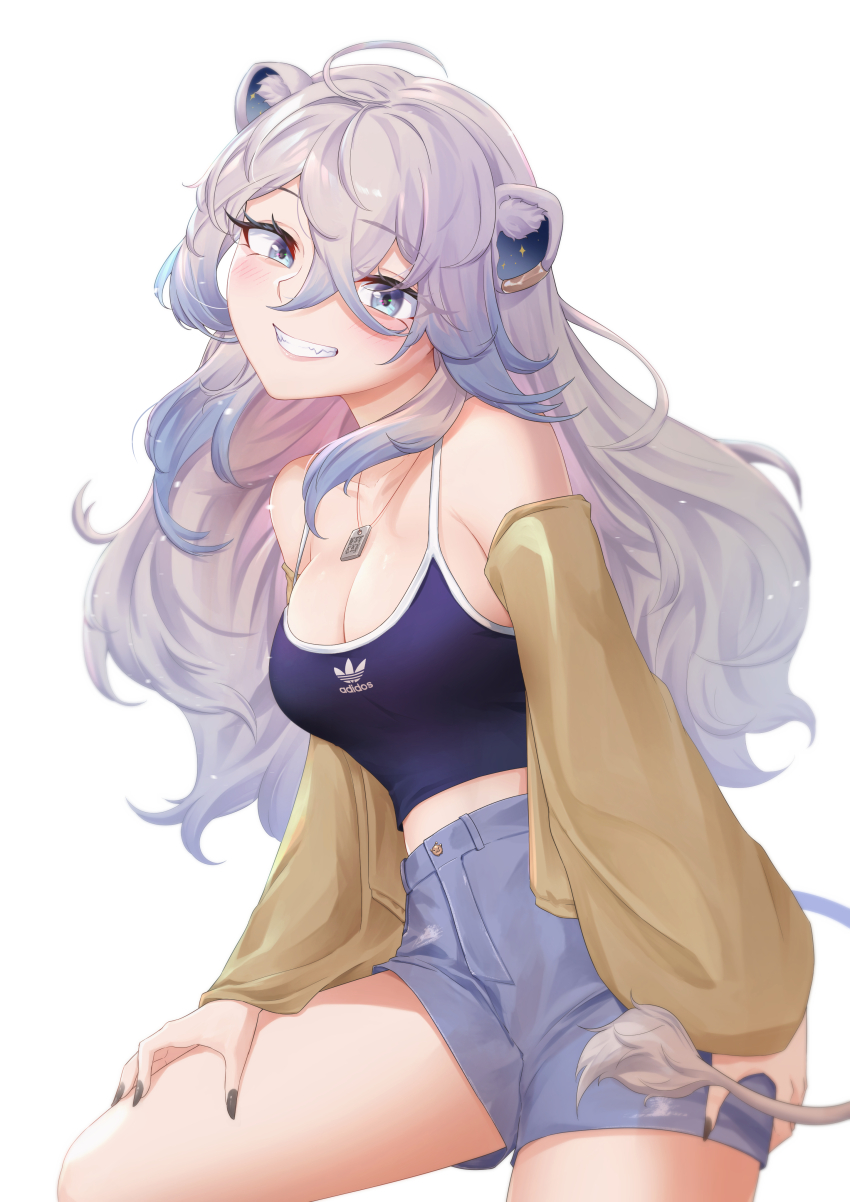 1girl, absurdres, adidas, ahoge, alternate_costume, animal_ears, atpoppet, black_nails