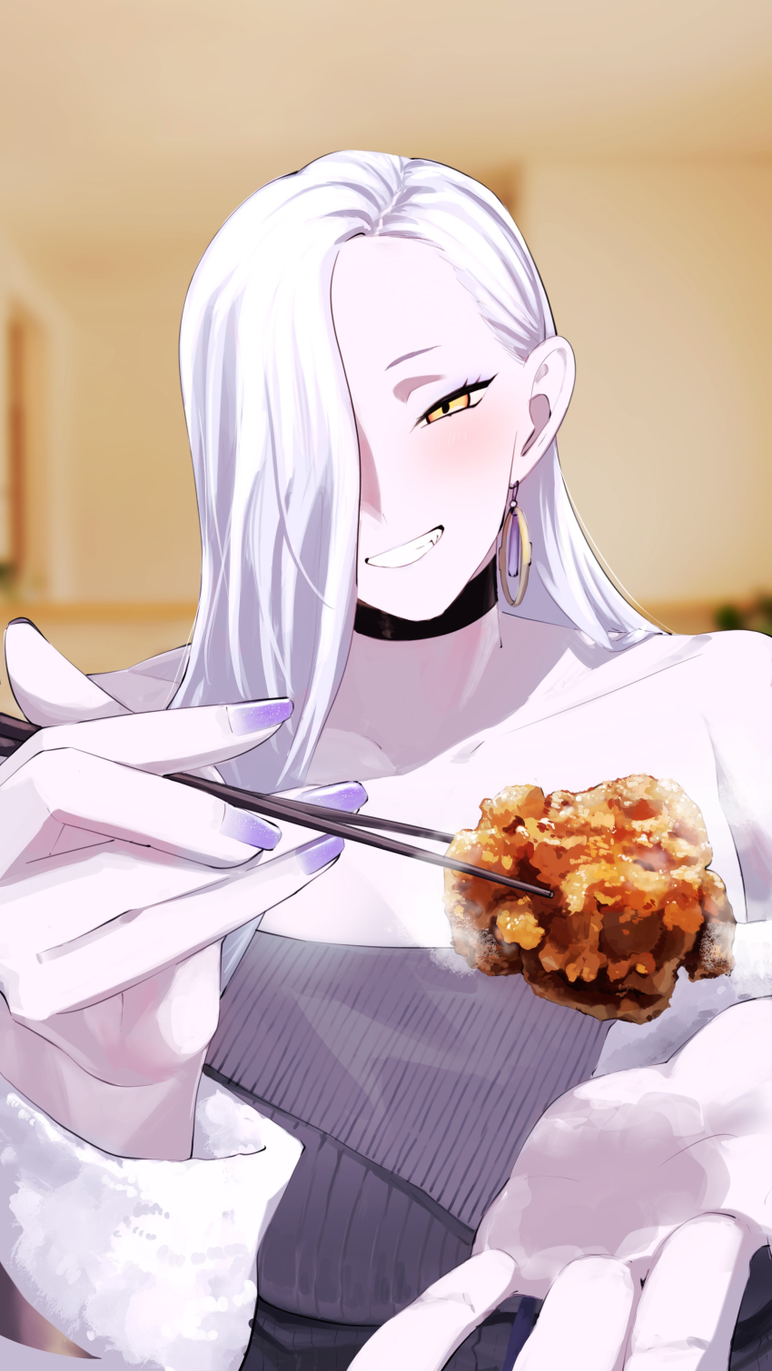 1girl, absurdres, bare_shoulders, blue_lips, blush, breasts, choker, chopsticks