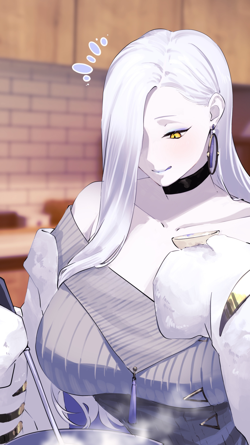 1girl, absurdres, bare_shoulders, blue_lips, breasts, choker, cleavage, collarbone, cooking, dress, earrings, eyeliner, fate/grand_order, fate_(series), grey_dress, hair_over_one_eye, highres, hoop_earrings, jacket, jewelry, ladle, large_breasts, licking_lips, long_hair, long_sleeves, makeup, off_shoulder, hebi_nyoubou_(fate), smile, solo, sweater, sweater_dress, tassel, tongue, tongue_out, toumokorosi_01, white_hair, white_jacket, yellow_eyes